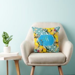 Lemon Mediterranean Tiles Blue Throw Pillow