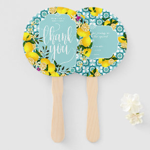 Lemon Mediterranean Tiles Blue White Thank You Hand Fan