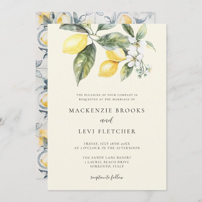 Lemon Mediterranean Tiles Butter Yellow Wedding Invitation (Front/Back)