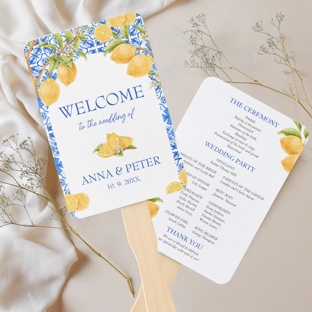 Lemon Mediterranean Tiles Italy Wedding Program Hand Fan (Wedding Program Lemon Mediterranean Tiles Hand Fan )