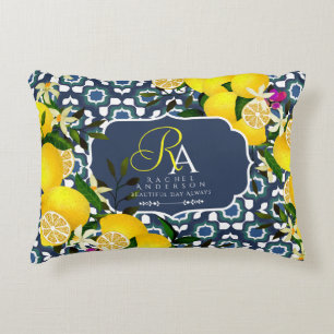 Lemon Mediterranean Tiles Navy Blue White Accent Pillow
