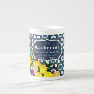 Lemon Mediterranean Tiles Navy Blue White Bone China Mug