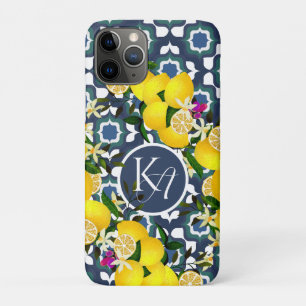 Lemon Mediterranean Tiles Navy Blue White iPhone 11 Pro Case