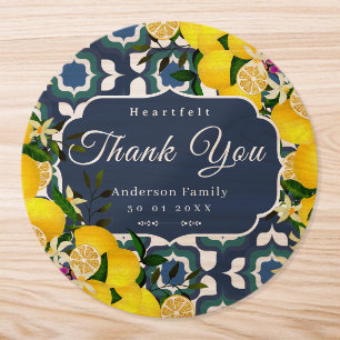 Lemon Mediterranean Tiles  Navy Blue White Classic Round Sticker