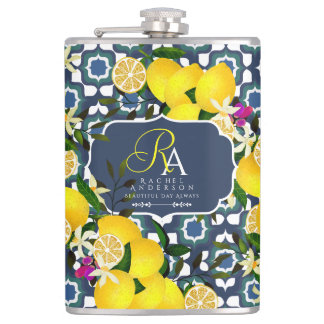 Lemon Mediterranean Tiles Navy Blue White Flask