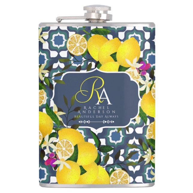Lemon Mediterranean Tiles  Navy Blue White Flask (Front)