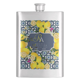 Lemon Mediterranean Tiles Navy Blue White Flask
