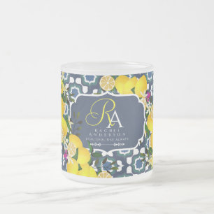 Lemon Mediterranean Tiles Navy Blue White Frosted Glass Coffee Mug