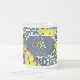 Lemon Mediterranean Tiles Navy Blue White Frosted Glass Coffee Mug