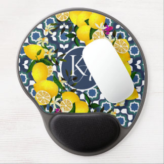 Lemon Mediterranean Tiles Navy Blue White Gel Mouse Pad