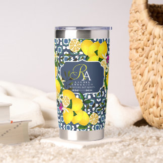 Lemon Mediterranean Tiles Navy Blue White Insulated Tumbler