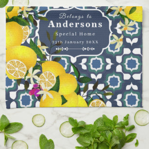Lemon Mediterranean Tiles  Navy Blue White Kitchen Towel