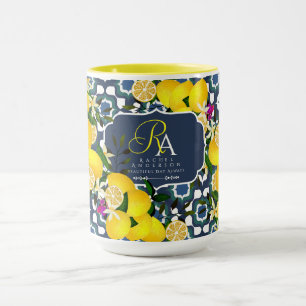 Lemon Mediterranean Tiles Navy Blue White Mug