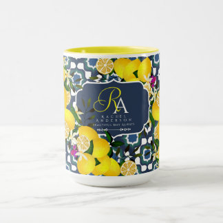 Lemon Mediterranean Tiles Navy Blue White Mug