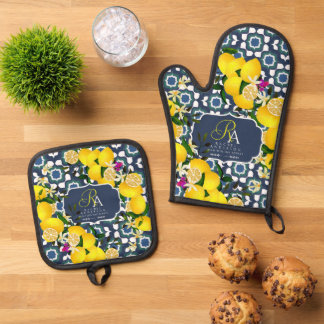 Lemon Mediterranean Tiles Navy Blue White Oven Mitt & Pot Holder Set