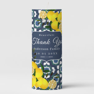 Lemon Mediterranean Tiles Navy Blue White Pillar Candle