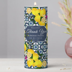 Lemon Mediterranean Tiles Navy Blue White Pillar Candle