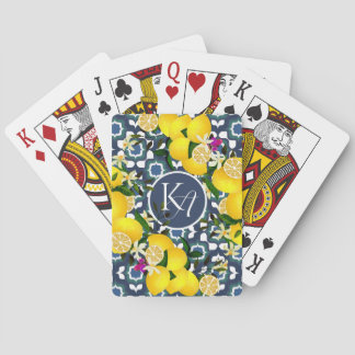 Lemon Mediterranean Tiles Navy Blue White Poker Cards