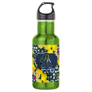 Lemon Mediterranean Tiles Navy Blue White Stainless Steel Water Bottle
