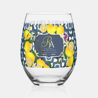 Lemon Mediterranean Tiles Navy Blue White Stemless Wine Glass