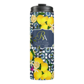 Lemon Mediterranean Tiles Navy Blue White Thermal Tumbler