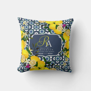 Lemon Mediterranean Tiles Navy Blue White Throw Pillow