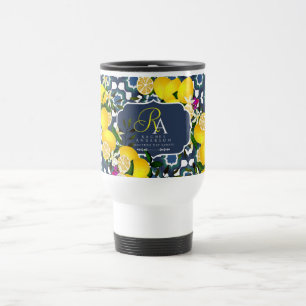 Lemon Mediterranean Tiles Navy Blue White Travel Mug
