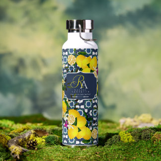 Lemon Mediterranean Tiles Navy Blue White Water Bottle