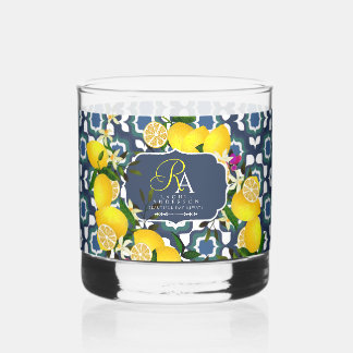 Lemon Mediterranean Tiles Navy Blue White Whiskey Glass