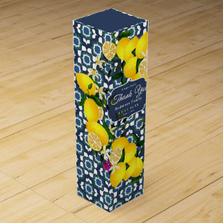 Lemon Mediterranean Tiles Navy Blue White Wine Box