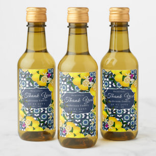 Lemon Mediterranean Tiles  Navy Blue White Wine Label