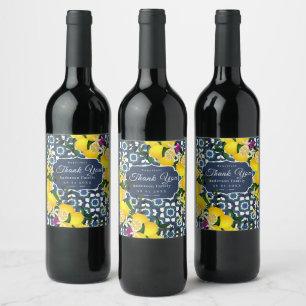 Lemon Mediterranean Tiles  Navy Blue White Wine Label