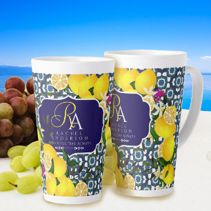 Lemon Mediterranean Tiles Navy Latte Mug