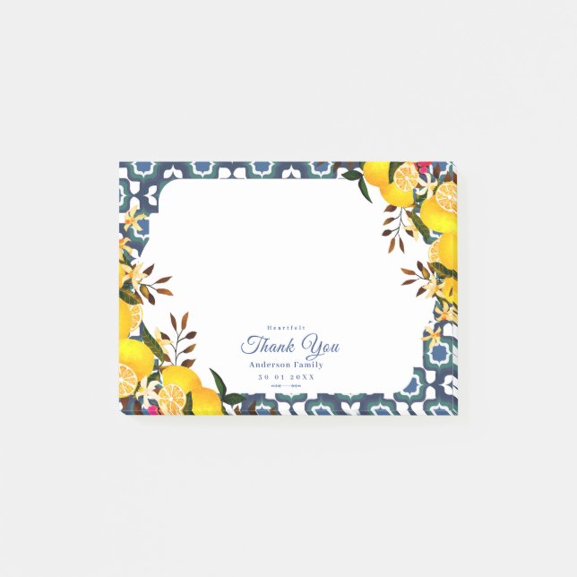 Lemon Mediterranean Tiles Navy Post-it Notes (Front)