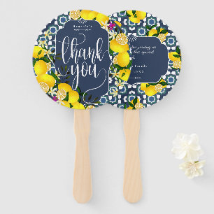 Lemon Mediterranean Tiles Navy White Thank You Hand Fan