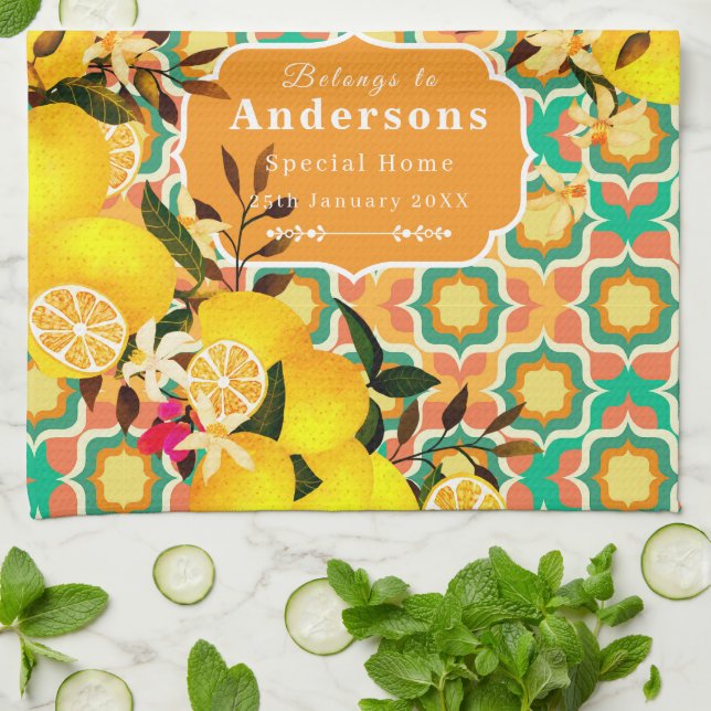 Lemon Mediterranean Tiles Orange Kitchen Towel (Folded)