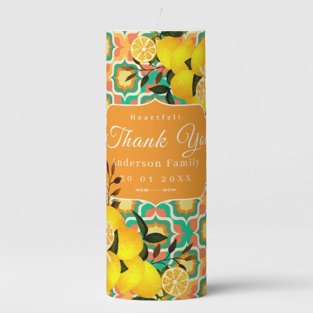 Lemon Mediterranean Tiles Orange Pillar Candle (Front)