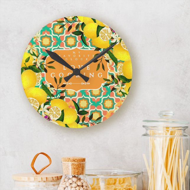 Lemon Mediterranean Tiles Orange Round Clock (Lemon Mediterranean Tiles Orange Round Clock)