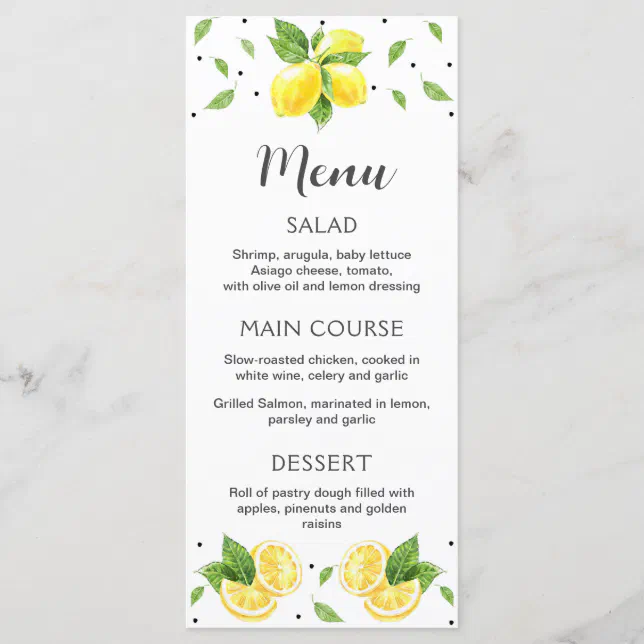 Lemon menu, editable printable menu Zazzle