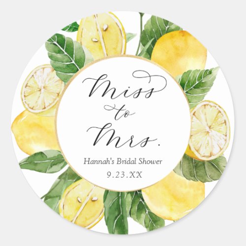 Lemon Miss to Mrs Bridal Shower Classic Round Sticker