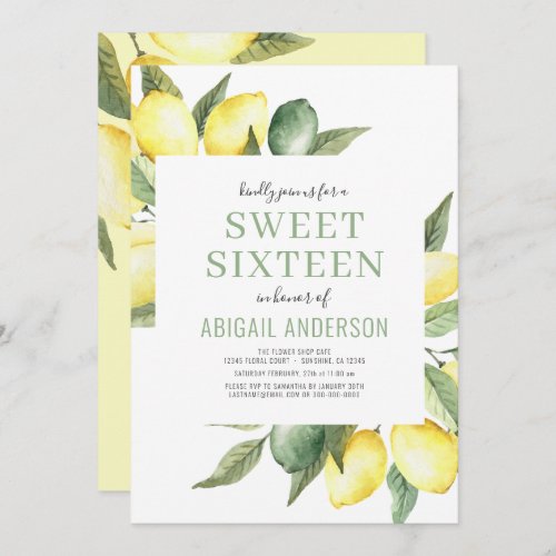 Lemon Modern Citrus Sweet Sixteen Birthday  Invitation