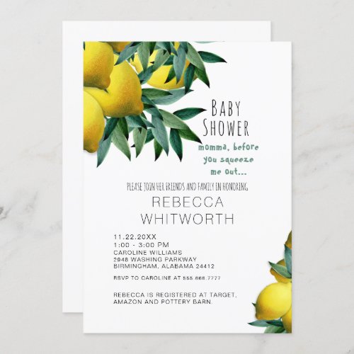 Lemon Momma Before You Squeeze Me Out Baby Shower Invitation