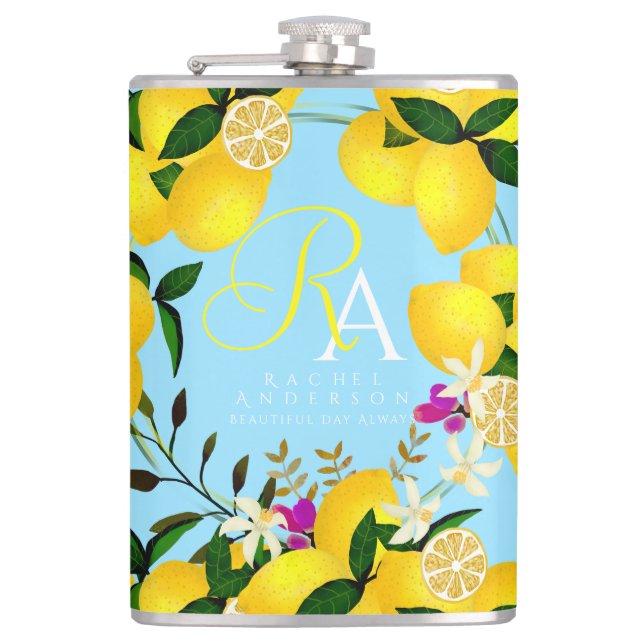 Lemon Monogram Blue Flask (Front)