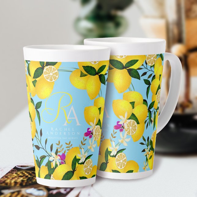 Lemon Monogram Blue Latte Mug (Lemon Monogram Blue Latte Mug. )