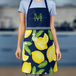 Lemon Monogram Botanical Navy Blue Apron<br><div class="desc">This monogram apron features a watercolor lemon pattern with solid.</div>