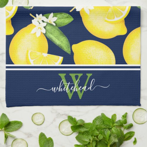 Lemon Monogram Botanical Navy Blue Kitchen Towel