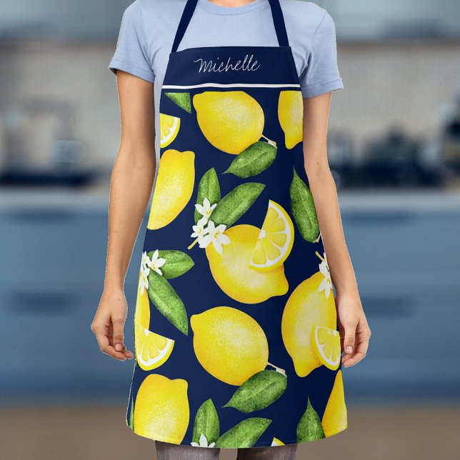 Lemon Monogram Botanical Pattern Navy Blue Apron (Creator Uploaded)