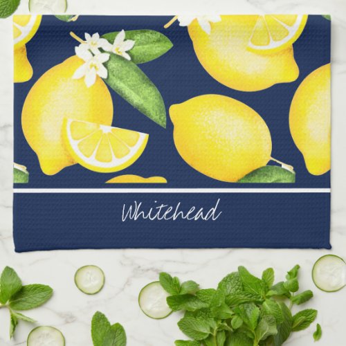 Lemon Monogram Botanical Pattern Navy Blue Kitchen Towel