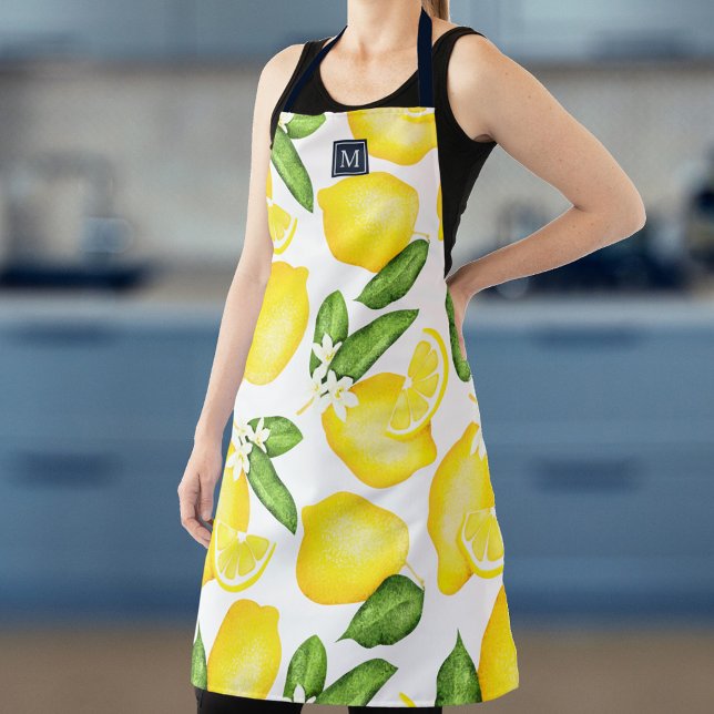 Lemon Monogram Botanical Yellow Green Apron (Creator Uploaded)