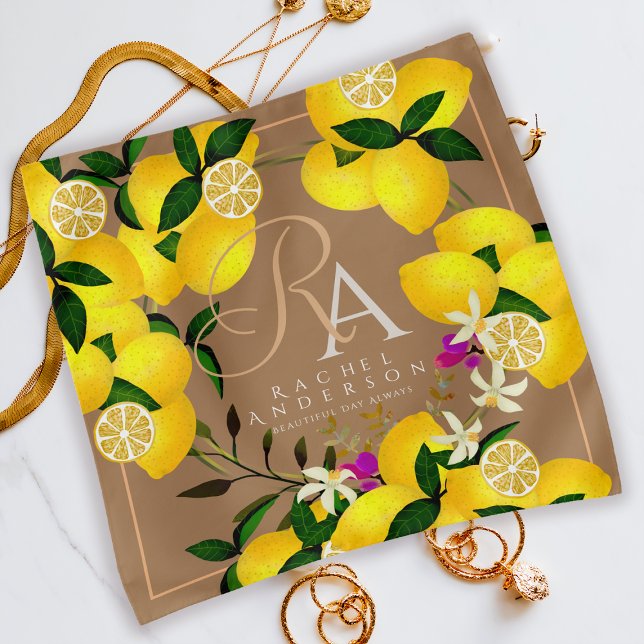 Lemon Monogram Brown  Bandana (Elegant Lemon Monogram Brown Bandana.)